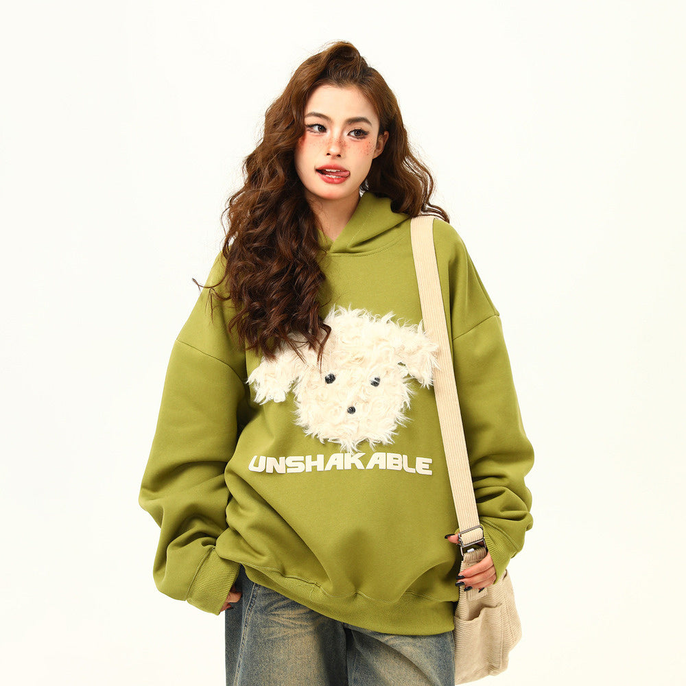 美式復古毛絨小狗刺繡連帽衛衣秋冬百搭休閒寬鬆情侶衛衣外套