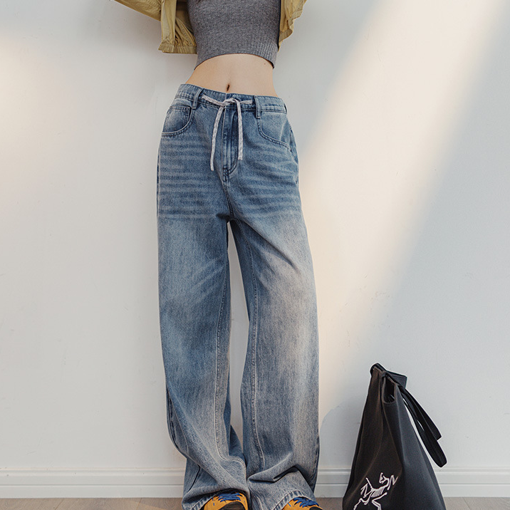 馬登女裝 復古淺藍色闊腿牛仔褲抽繩直筒褲垂感休閒長褲