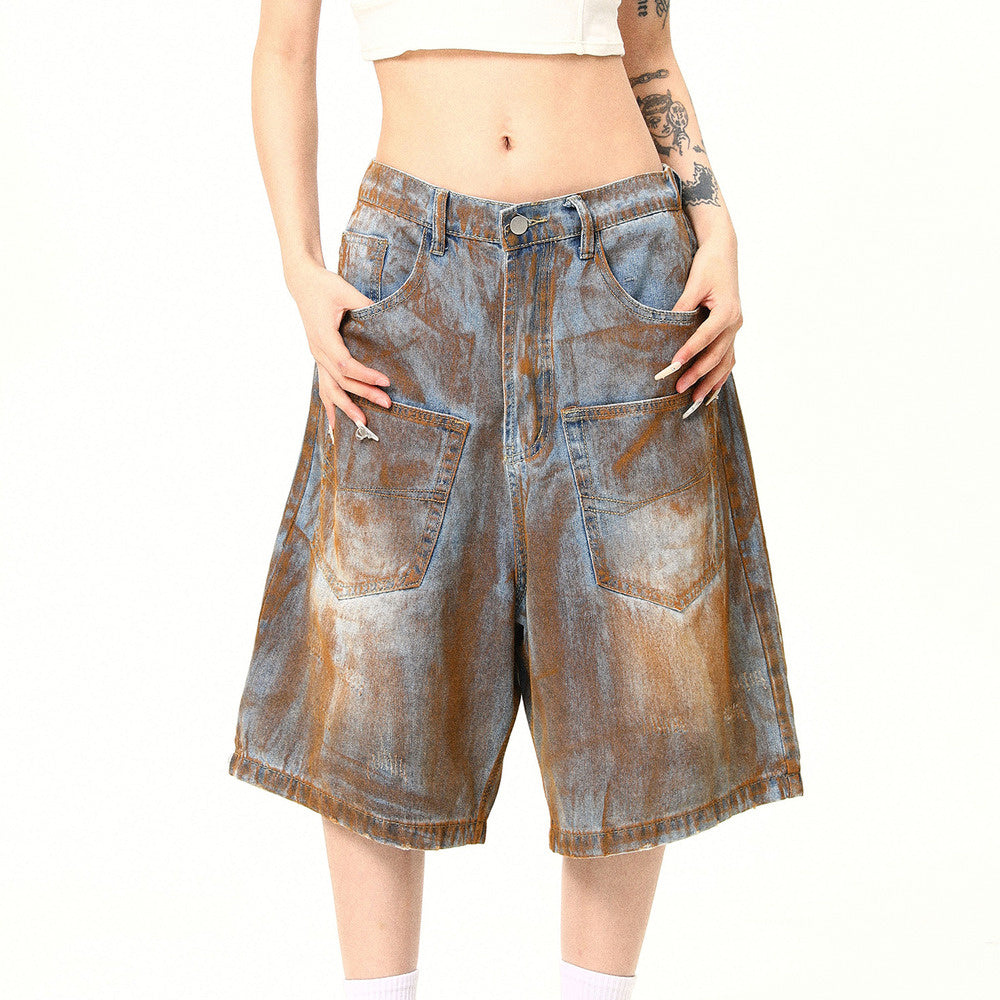 美式復古高街髒染廢土風口袋設計感牛仔短褲寬鬆七分褲