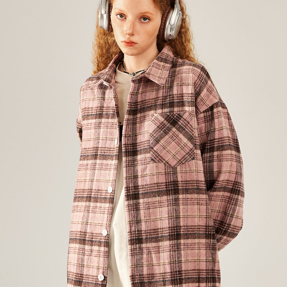 美式復古粉色格子長袖襯衫女秋寬鬆休閒慵懶襯衣外套