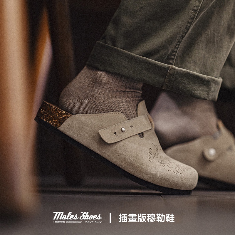 馬登工裝 插畫版勃肯穆勒鞋半拖厚底外穿釣魚平底包頭涼拖鞋男夏
