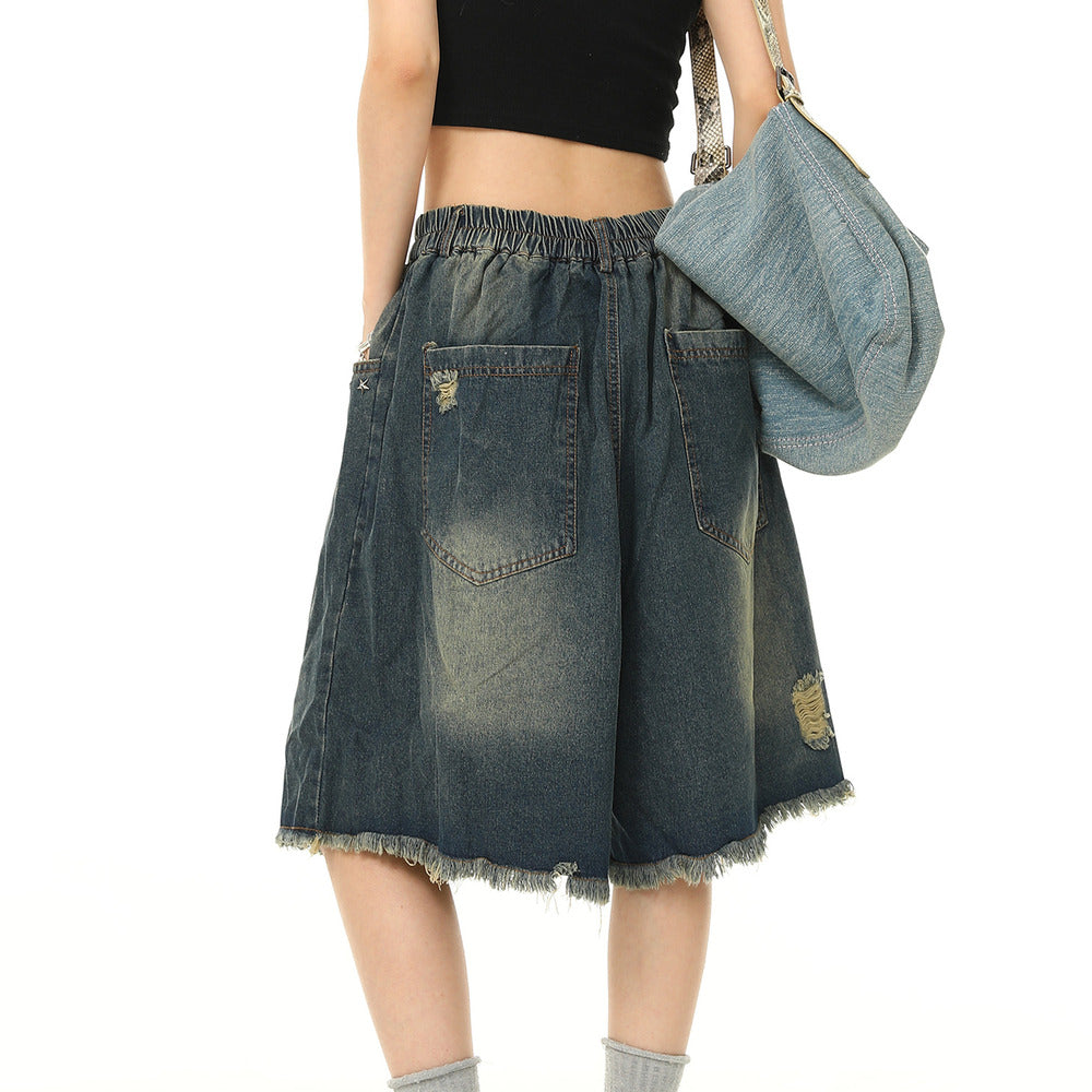 美式復古水洗破洞牛仔短褲女鬆緊腰寬鬆百搭闊腿五分褲