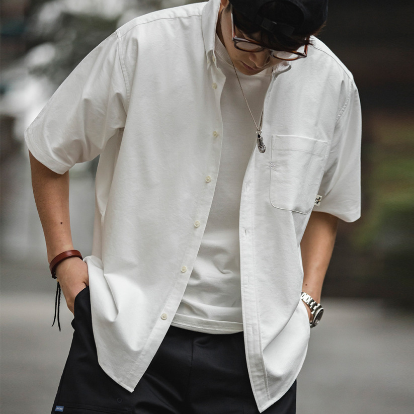馬登工裝 美式復古Oversize白色疊穿短袖襯衫寬鬆Cityboy襯衣男夏