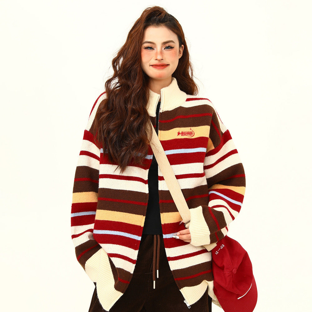 美式復古彩虹撞色針織衫半高領針織毛衣開衫寬鬆氛圍感外套