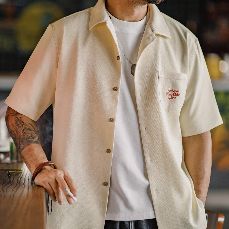 馬登工裝 美式復古夏威夷刺繡短袖襯衫竹節紋垂感古巴領襯衣男夏季