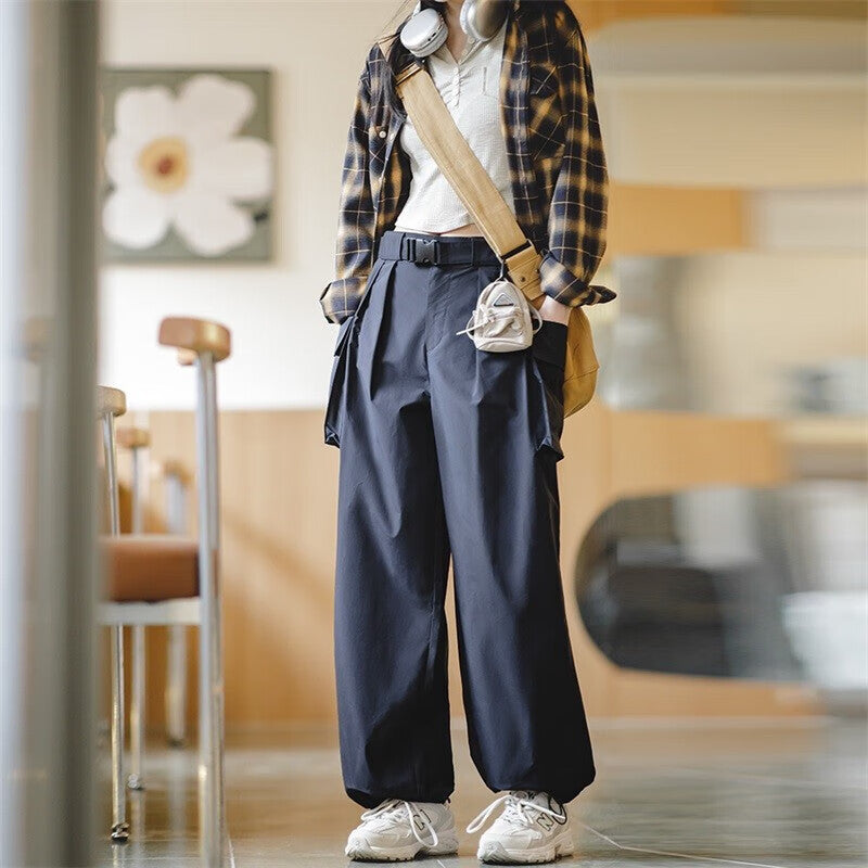 馬登女裝 美式復古直筒闊腿褲設計感休閒工裝褲口袋機能寬鬆長褲