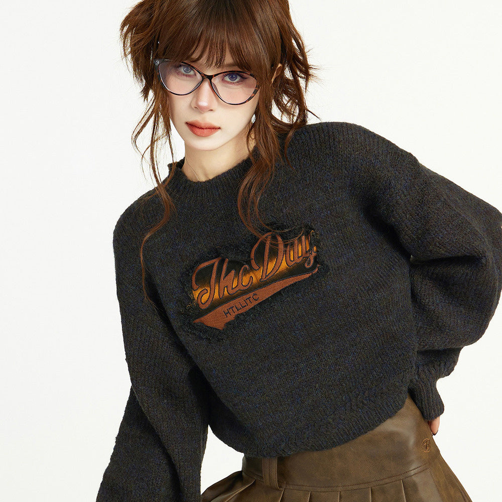 美式復古針織毛衣女秋冬設計感小眾正肩寬鬆外穿針織衫