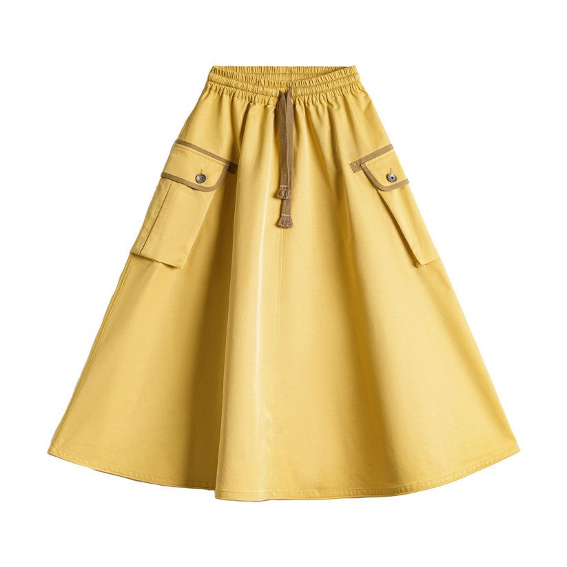 馬登女裝 美式復古鬆緊腰抽繩大裙擺半身長裙工裝A字傘裙子女士春