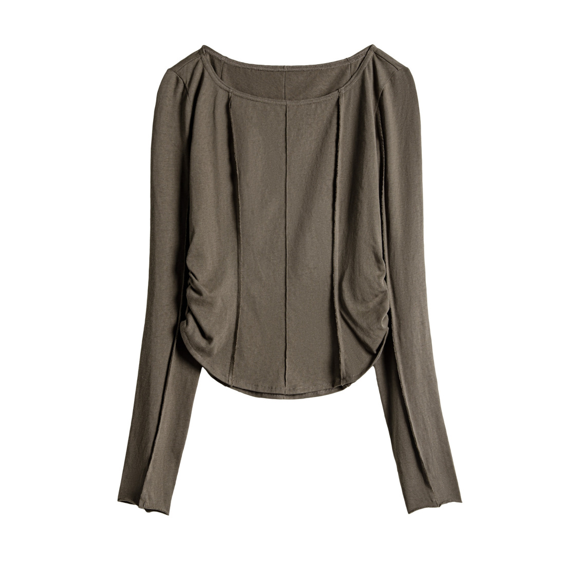 馬登女裝 大領口薄款針織正肩長袖T恤魚骨收腰修身上衣打底罩衫女士夏