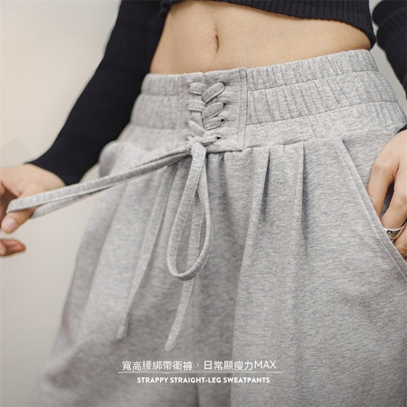 馬登女裝 收腹束腰綁帶喇叭衛褲運動褲美式復古直筒闊腿香蕉褲