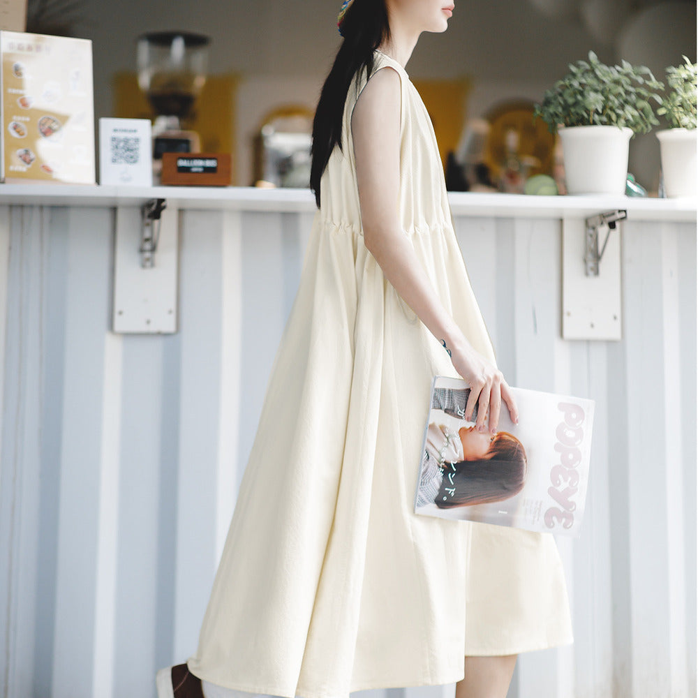 馬登女裝 美式休閒海邊無袖度假連衣裙少女感純色小眾設計長裙