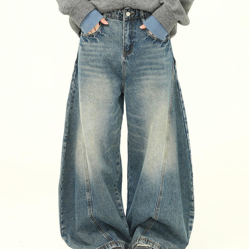 美式復古簡約彎刀褲洗水做舊小眾設計感闊腿寬鬆牛仔褲