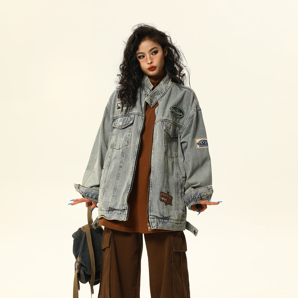 美式復古牛仔外套男女秋季寬鬆休閒vintage立領機車服情侶外套