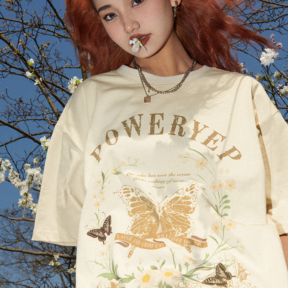 美式復古短袖T恤女潮牌寬鬆上衣設計感小眾純棉情侶T恤