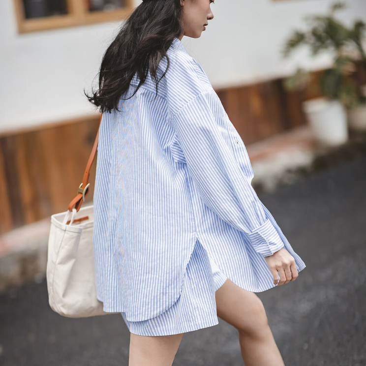 馬登女裝 法式經典藍白條紋襯衫寬鬆休閒開衫襯衣外套