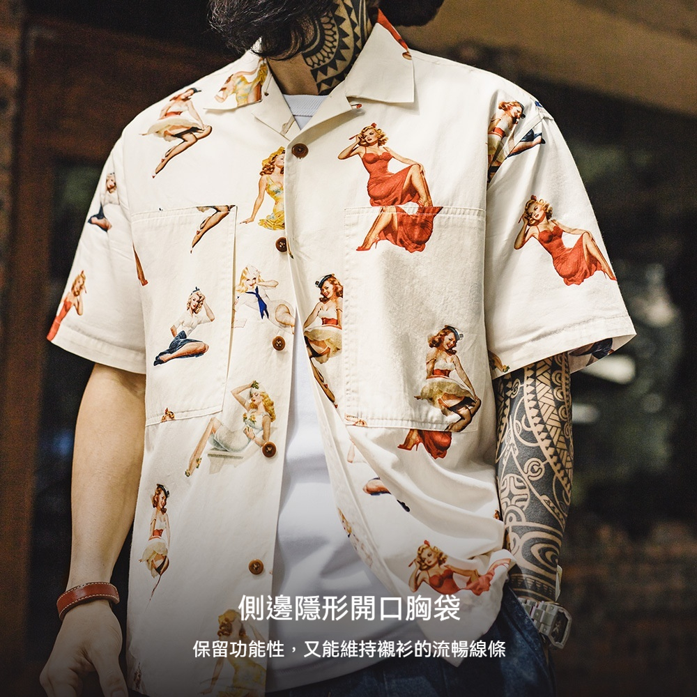馬登工裝 美式復古滿印花古巴領襯衫夏威夷短袖沙灘襯衣外套男夏季