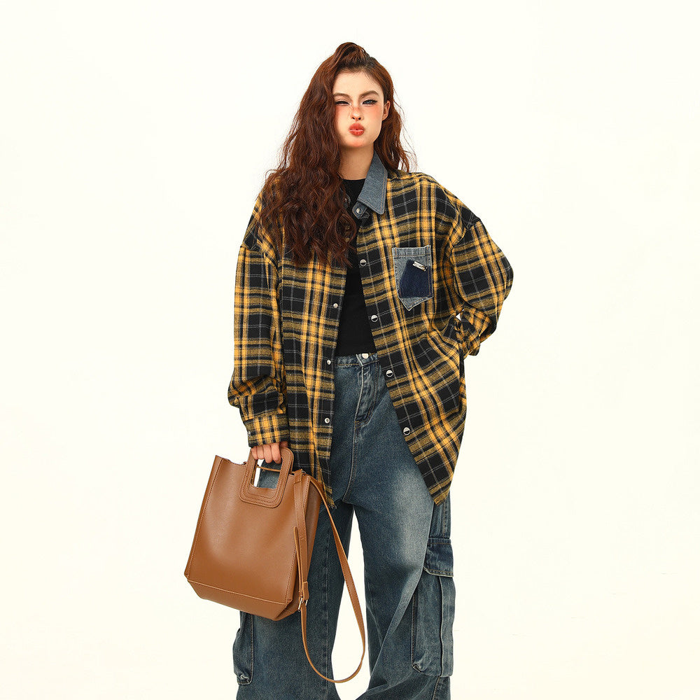 高級感外穿格子襯衫女復古寬鬆百搭早秋黃色格紋襯衣外套