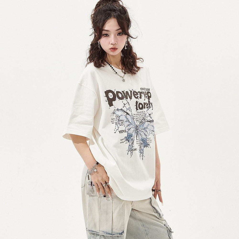 蝴蝶印花短袖T恤女復古潮牌寬鬆情侶裝上衣