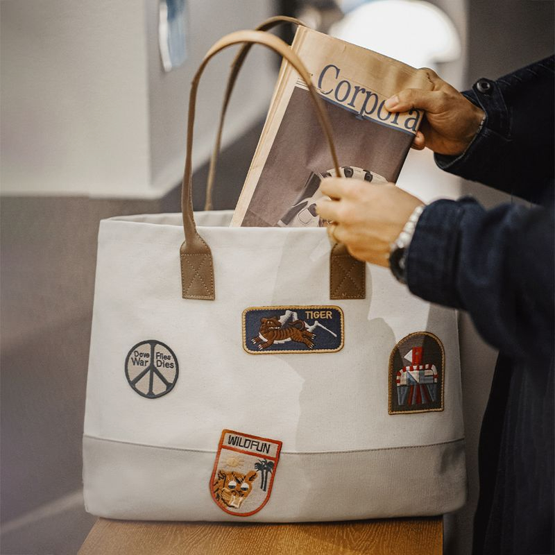 馬登工裝 美式復古章仔刺繡托特包大容量手提包相機電腦單肩包男女