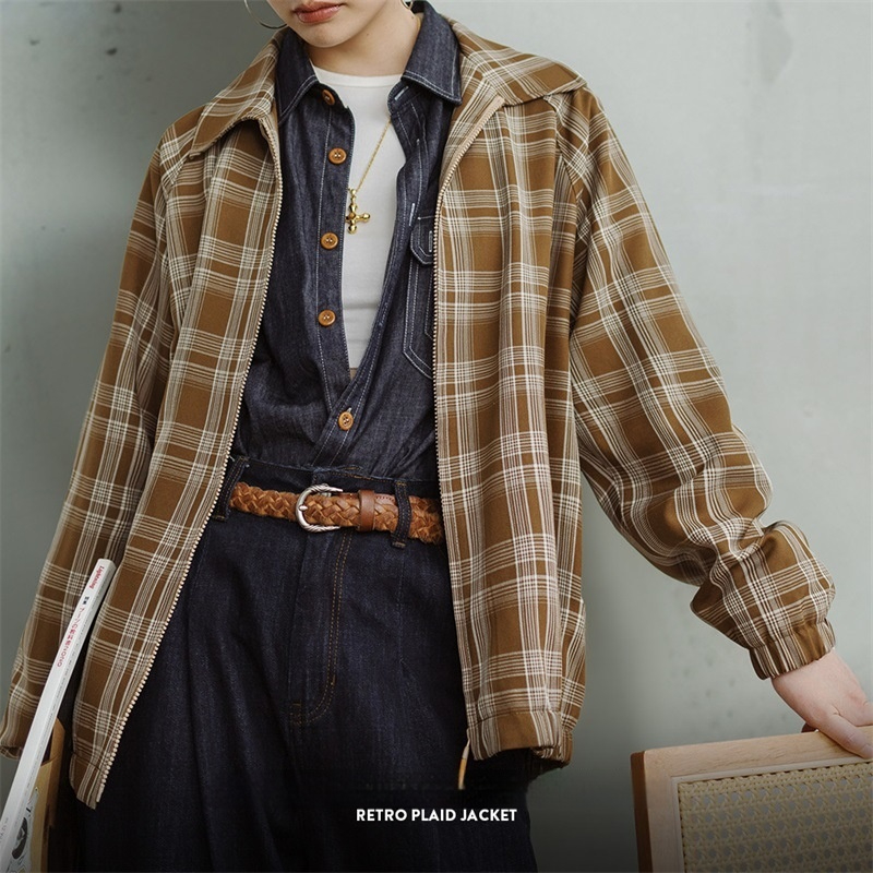 馬登女裝 美式復古格紋夾克設計感撞色翻領外套休閒寬鬆百搭上衣春秋