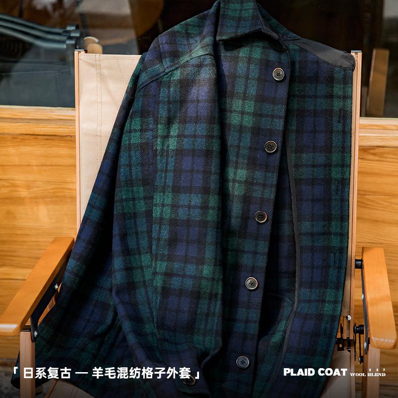 馬登工裝 藍綠格子毛呢夾克寬松寬鬆厚實格紋襯衫外套