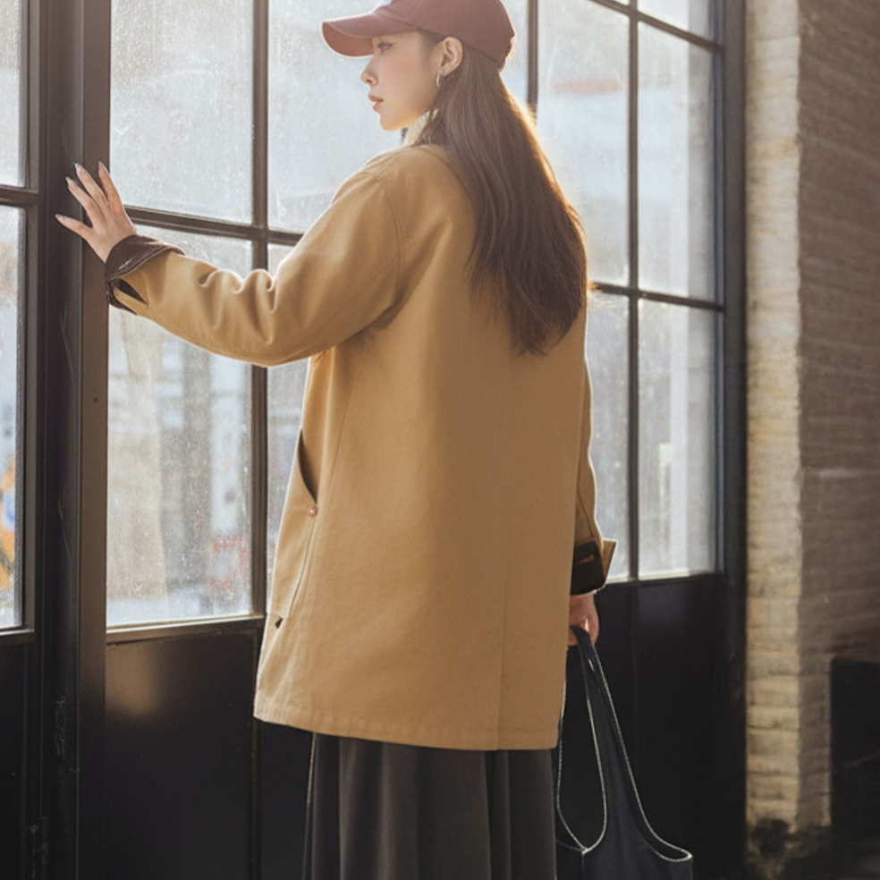 馬登女裝 美式復古密歇根風衣卡其色巴恩風中長款廓形夾克外套女士秋冬