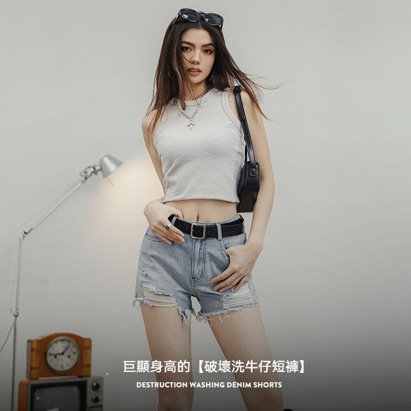 馬登女裝 淺色破洞牛仔褲顯瘦辣妹熱褲毛邊設計百搭短褲夏季女