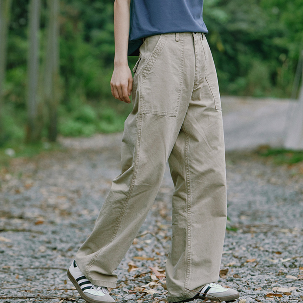 美式復古卡其色直筒工裝褲女百搭休閒褲寬鬆水洗闊腿褲