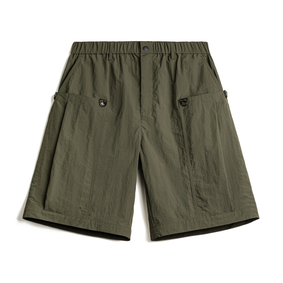 馬登工裝 美式復古風琴大口袋軍綠色短褲直筒梭織薄款五分褲夏季