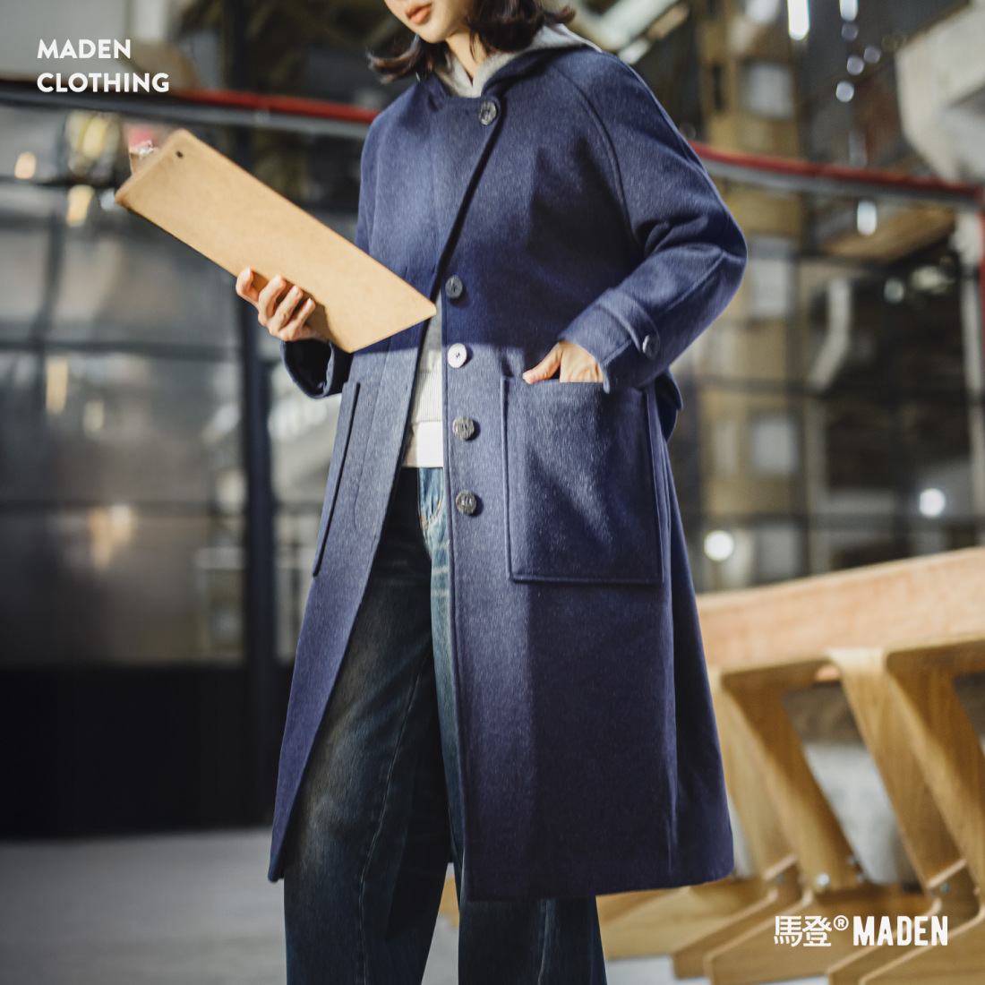 馬登女裝 單排扣翻領中長款收腰加厚保暖毛呢呢子大衣外套女士秋冬