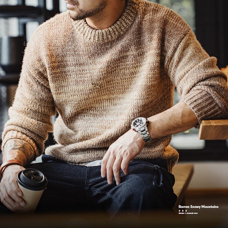 馬登工裝 美式復古漸層條紋毛衣美拉德套頭圓領混紡針織衫