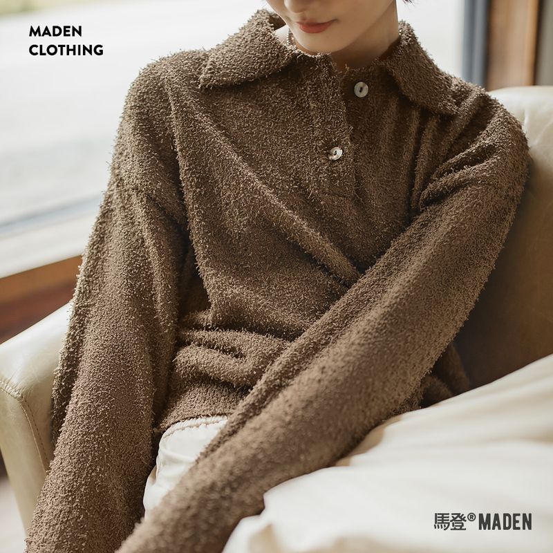 馬登女裝 雅丹風焦糖棕抓絨毛衣摩卡慕斯Polo衫毛茸茸上衣冬女