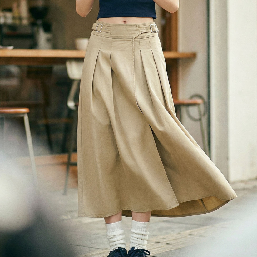 馬登女裝 復古卡其色廓爾格全棉百褶高腰A字大擺工裝傘裙子半身裙
