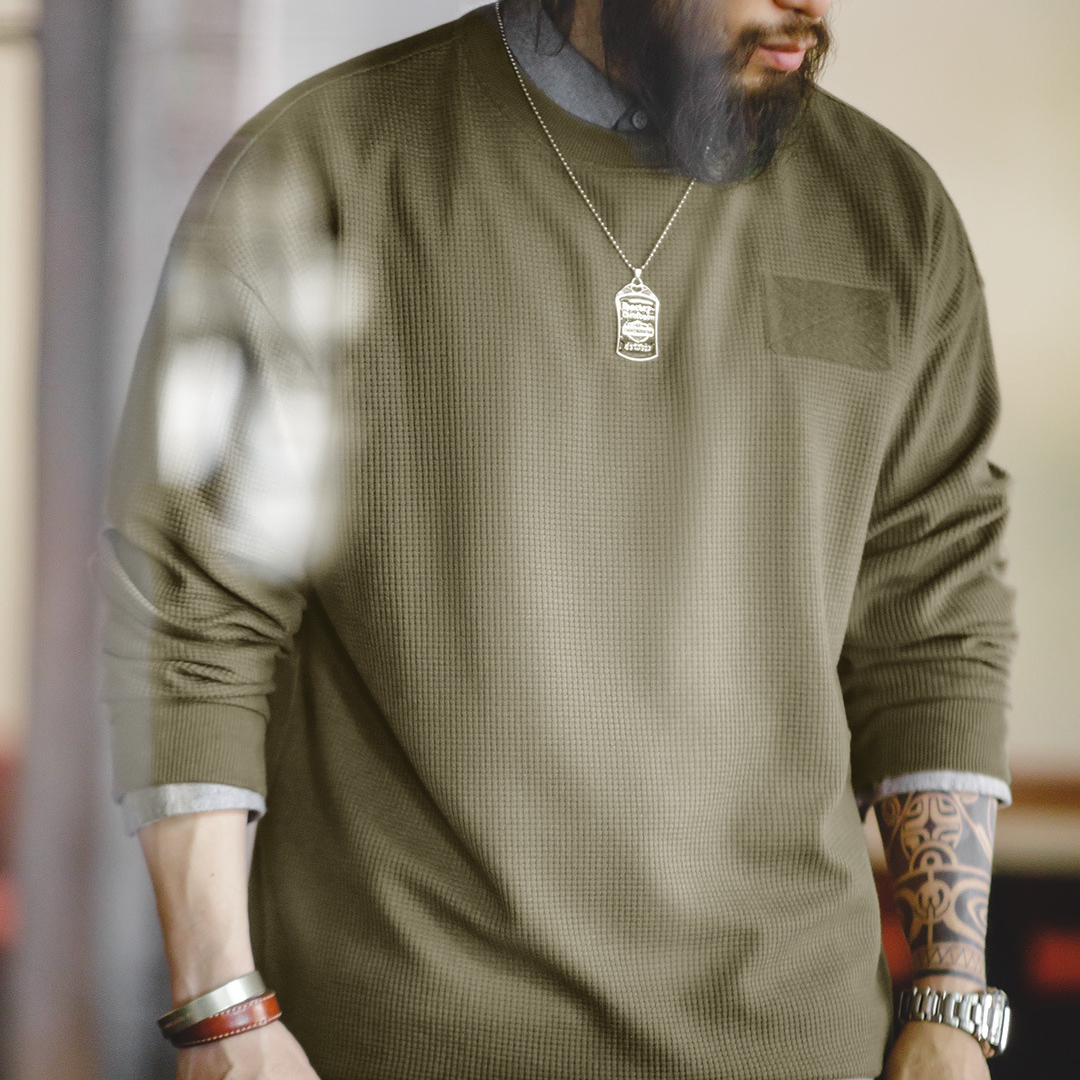 馬登工裝 美式休閒華夫格長袖Tee圓領魔術貼疊穿衛衣