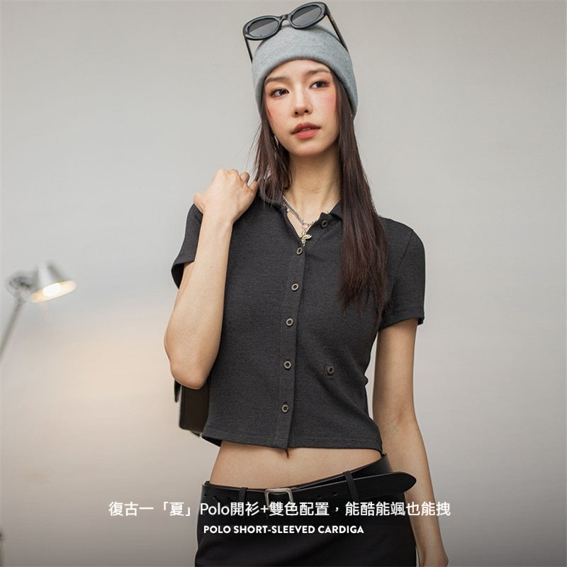 馬登女裝 復古Polo領短袖修身短款正肩針織開衫辣妹露腰顯瘦上衣夏