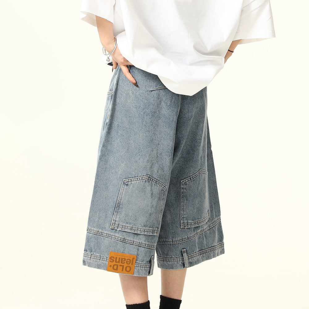 美式復古設計感倒裝牛仔短褲女水洗闊腿復古寬鬆七分褲