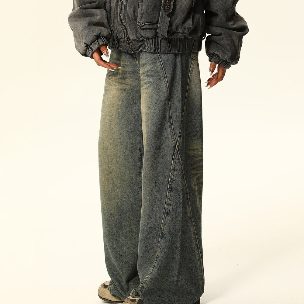 美式復古水洗做舊破洞口袋牛仔褲女顯瘦寬鬆直筒闊腿褲子