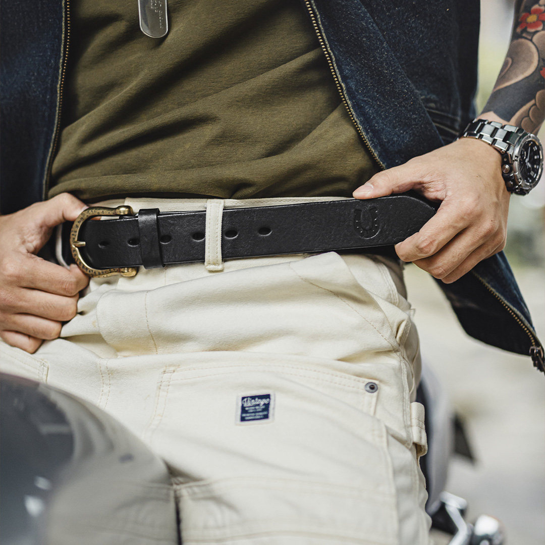 馬登工裝 美式復古黃銅扣頭皮帶頭層牛皮腰帶單針真皮褲腰帶男