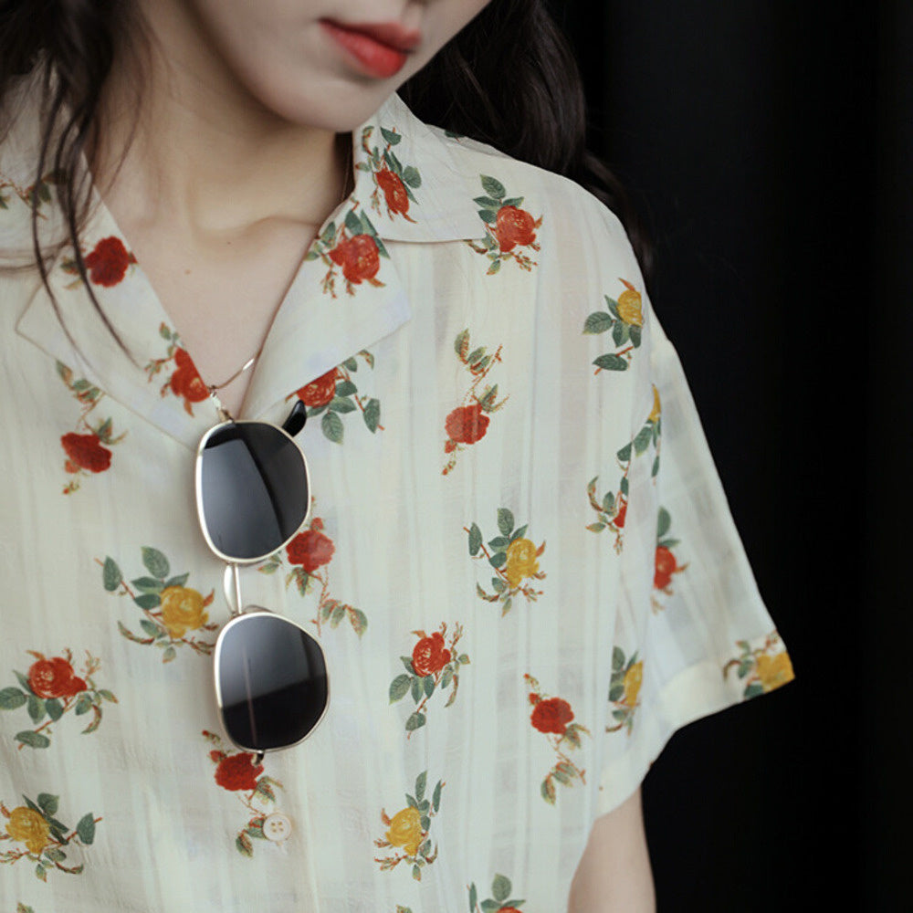 玫瑰花氣質翻領簡約復古港風設計感短袖襯衫女夏季顯瘦上衣