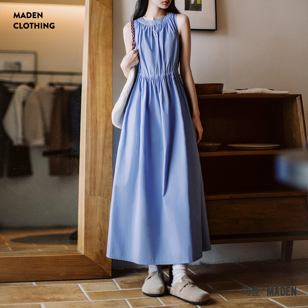 馬登女裝 淺春系Baby藍無袖連衣裙休閒沙灘度假長裙春夏法式抽褶裙
