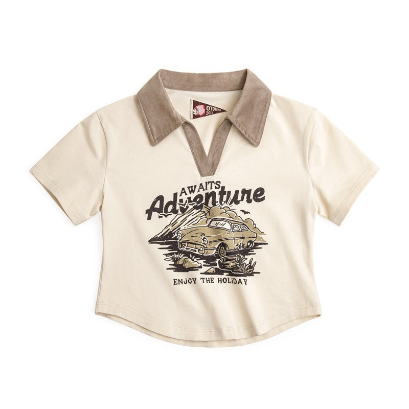 馬登女裝 復古印花Polo衫露腰短款正肩短袖修身顯瘦T恤辣妹鎖骨上衣