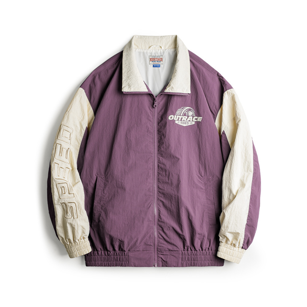 馬登工裝 美式復古拼接撞色賽車夾克刺繡耐磨機車休閒外套男春