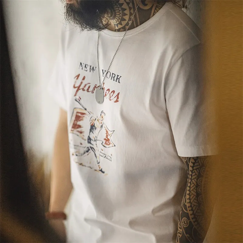 馬登工裝 美式復古棒球字母印花T恤純棉圓領正肩短袖打底衫男春夏