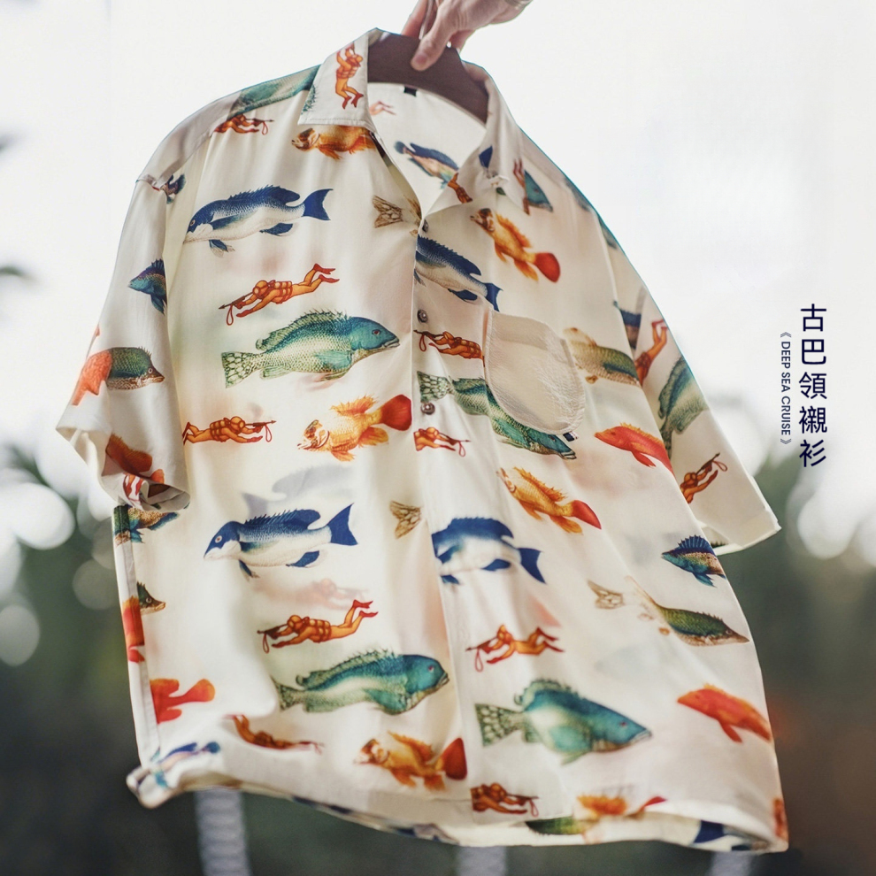 馬登工裝 美式復古印花古巴領襯衣寬鬆休閒設計感短袖花襯衫男夏薄款