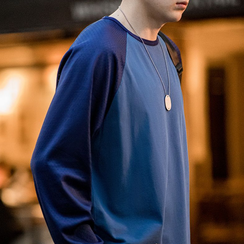 馬登工裝 美式休閒撞色網眼長袖T恤印花字母圓領套頭打底衫男春