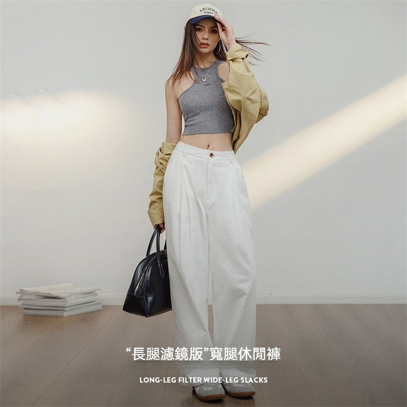馬登女裝 復古白色休閒褲純棉寬鬆直筒工裝褲百搭顯瘦慵懶闊腿褲夏季女