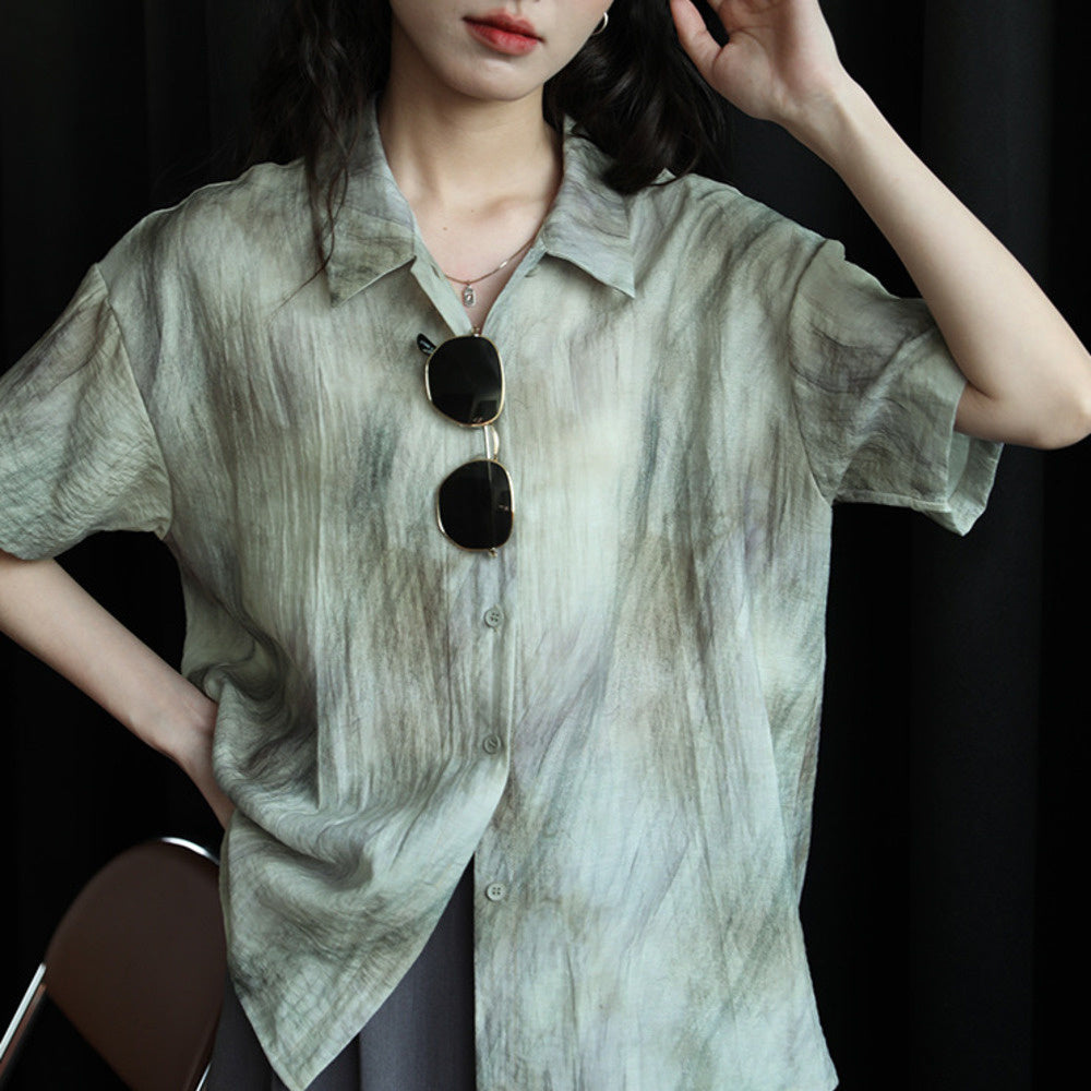 素描氣質襯衣簡約復古設計感短袖襯衫女夏季印花時尚上衣