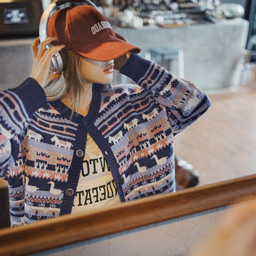 馬登女裝 動物圖案復古寬鬆加厚費爾島針織提花毛衣開衫外套上衣秋冬