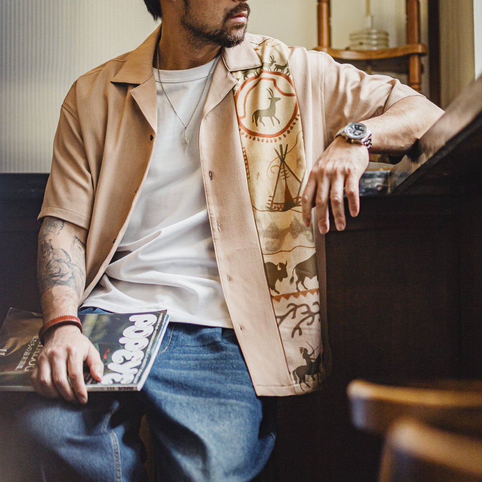 馬登工裝 美式復古印花古巴領襯衫印第安薄款短袖棉襯衣外套男士夏