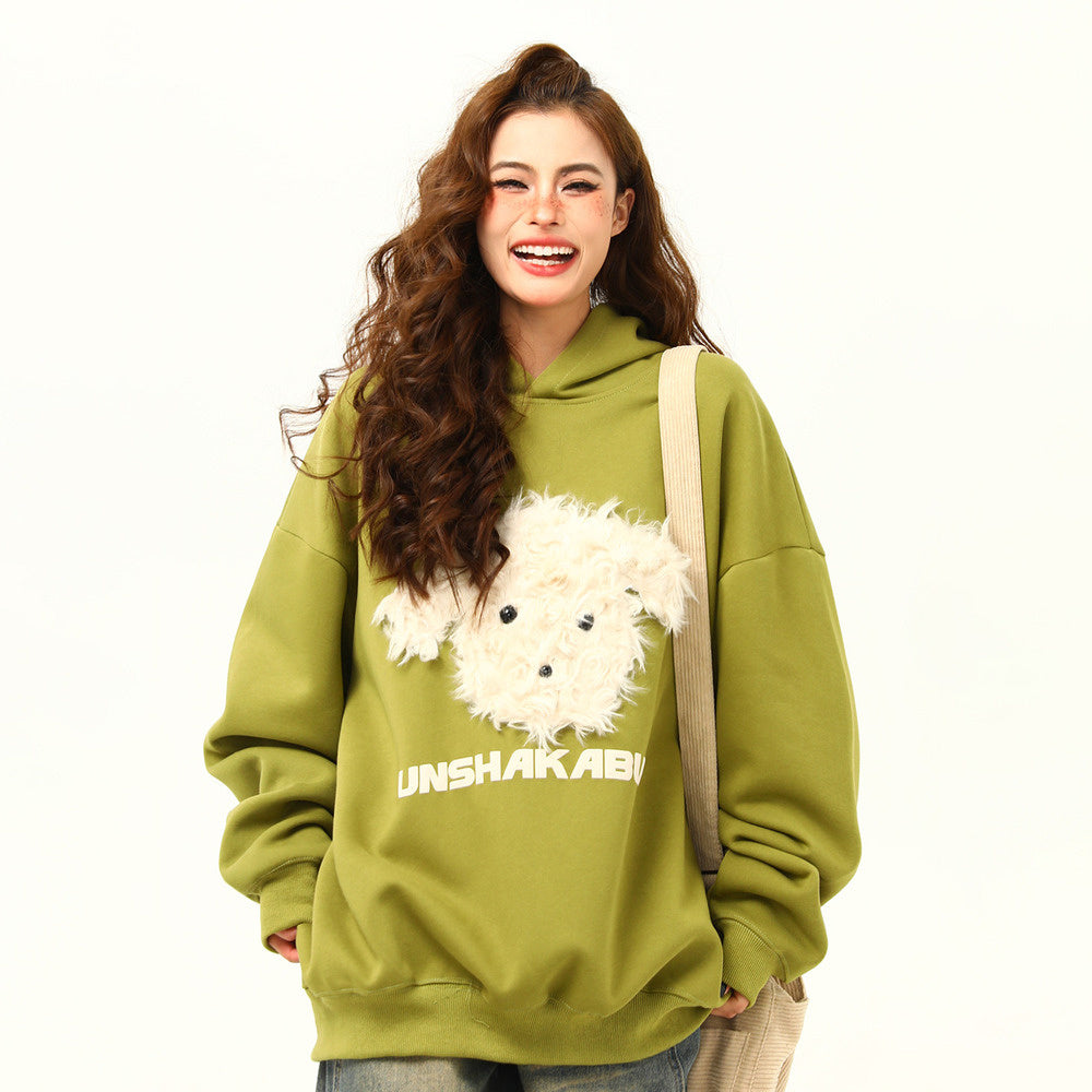 美式復古毛絨小狗刺繡連帽衛衣秋冬百搭休閒寬鬆情侶衛衣外套